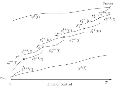 Fig. 3.1. Symbolic representation of one iteration of the parallel in time algorithm.The opti- opti-mization is achieved in parallel on each subinterval [T ` , T `+1 ]