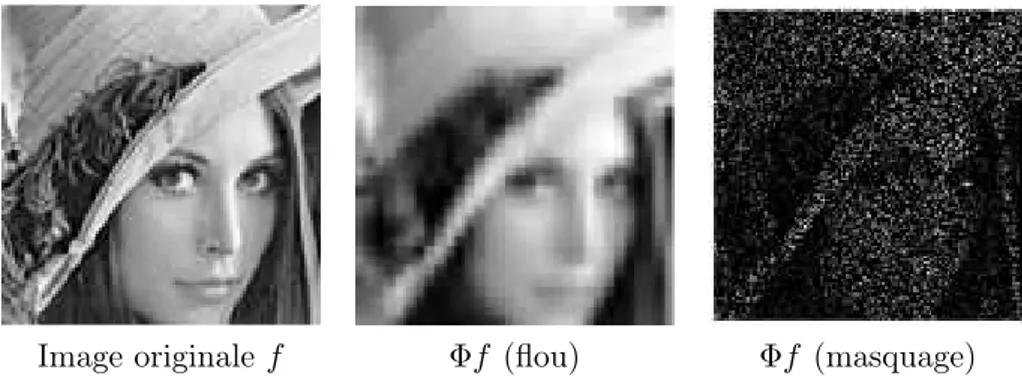 Figure 3 – Observations (sans bruit, w = 0) y = Φf dans le cas de la convolution (Φf = ϕ ⋆ f est une convolution par un filtre passe-bas ϕ) et des données manquantes (Φ = diag(µ q ) Q q=1 est un opérateur de masquage).
