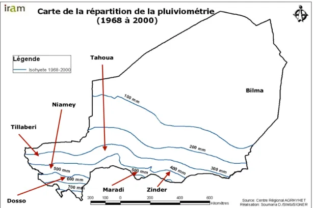 Figure 1.1 Position des isohyètes pluviométriques au Niger (inspiré de : Ministère de l’environnement  et de l’hydraulique, 2011, p.14)                   