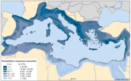 Fig. 1.2: Pr´ecipitations moyennes sur le bassin m´editerran´een, source : Benoit et Comeau [2005]
