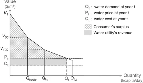 Figure 1.10: Total economic value of water: consumer’s surplus and water utility’s revenue