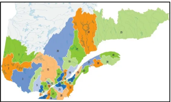 Figure 2.1 Les 40 zones de gestion intégrée de l’eau par bassin versant du Québec méridional (tiré  de : ROBVQ, 2015) 