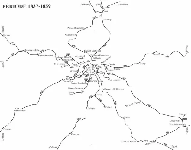 Figure 2 : Carte des ouvertures des lignes de chemins de fer de « banlieue » (1837-1859)  Source : Carrière B