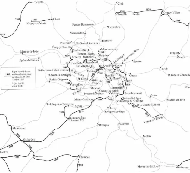 Figure 4 : Carte des fermetures de lignes et transferts sur route des chemins de fer de « banlieue »   (1938-1999) 
