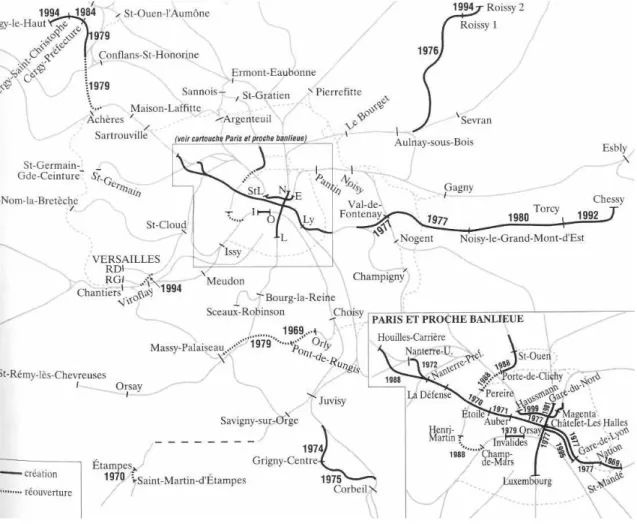 Figure 5 : Carte des constructions et réouvertures de lignes des chemins de fer de « banlieue » (1969- (1969-1999) 