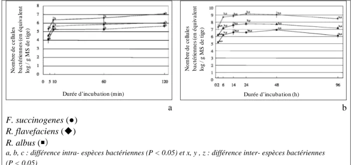 Figure  4 :  Nombre  de  cellules  bactériennes  associées  aux  fibres  végétales  pendant 