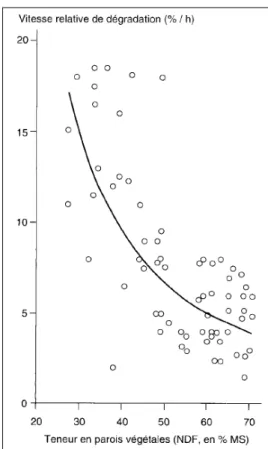 Figure  24 :  Teneur  en  paroi  végétale  et  vitesse  de  dégradation  des  glucides  pariétaux  de 