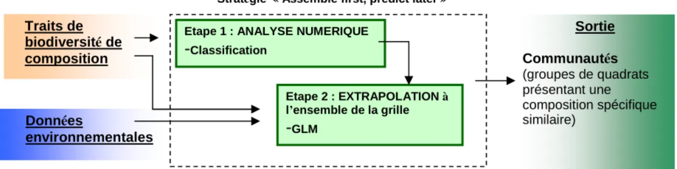 Figure 3-8 : Présentation de la stratégie de modélisation du modèle &#34;Biodiversité&#34; (adapté de Ferrier et Guisan (2006)) 
