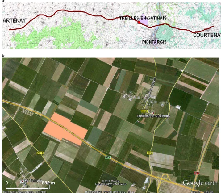 Figure 3-10 : Localisation du site « le Mont aux liens » sur l’autoroute A19 (source IGN) (a) et photographie aérienne du Mont-aux- Mont-aux-liens (polygone rose) (source Google Earth) (b)