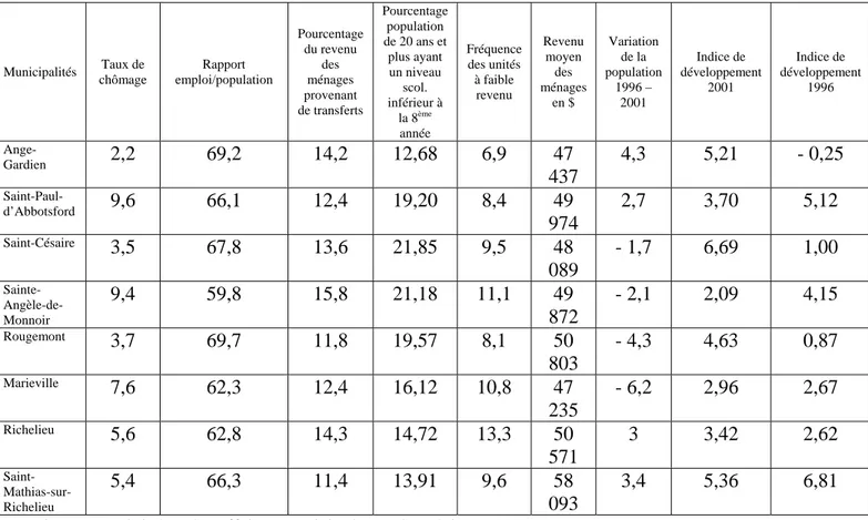 Tableau 1.6 : Portrait socio-économique de la MRC de Rouville par municipalité, 2001