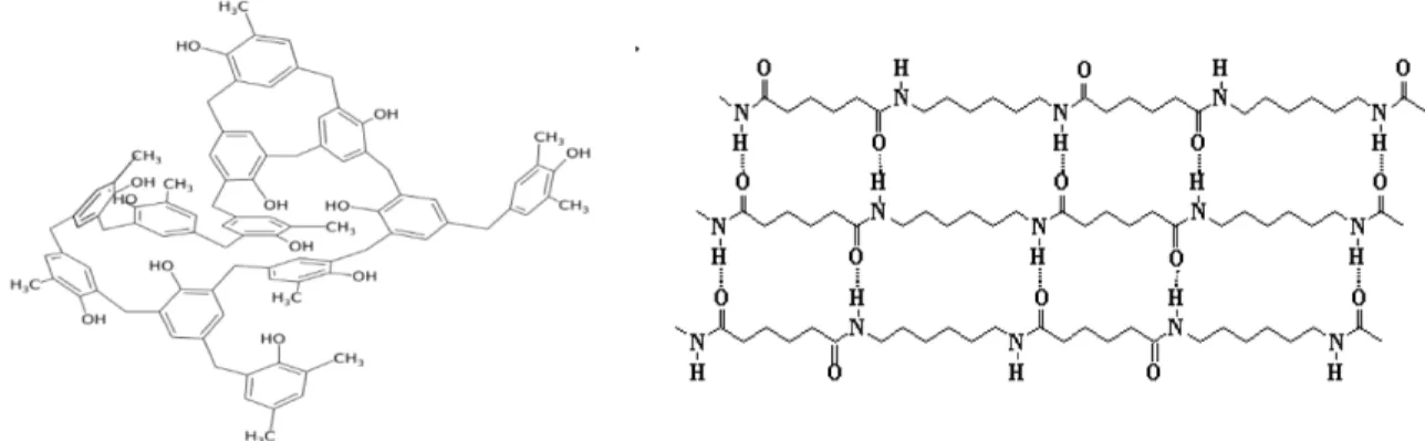 Figure 1.1  Structure moléculaire en deux dimensions de la Bakélite et du Nylon 6  respectivement (tiré de : Mark, 1999) 
