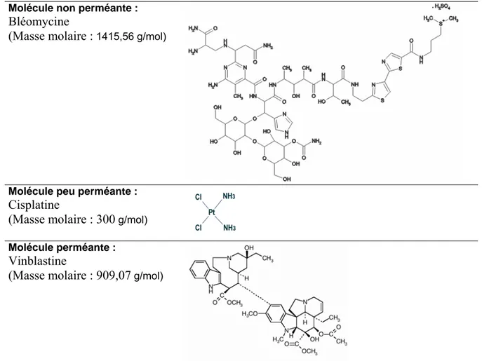 Figure 1 : Exemple de molécules (perméantes ou non), utilisées en chimiothérapie ou en électrochimiothérapie