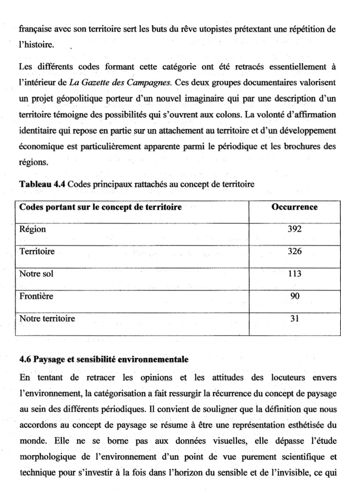 Tableau 4.4  Codes principaux rattachés au concept de territoire 