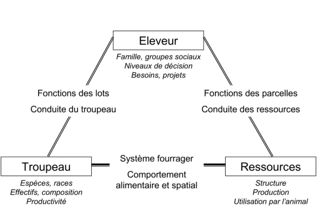 Figure 3 : Schématisation du système d’élevage par le triptyque homme-animal-ressources  (adapté d’après Lhoste, 1984, cité dans Landais, 1987)