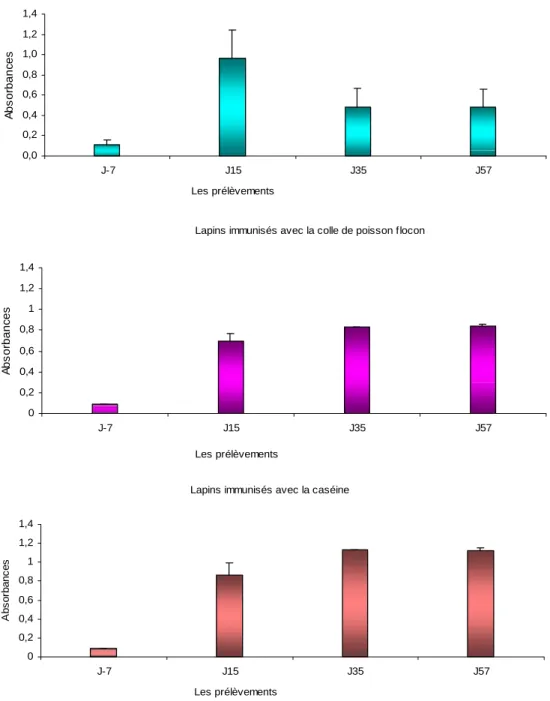 Figure 7: Les niveaux des IgG sériques spécifiques, mesurés à J -7 , J 15 , J 35  et J 57 , chez les lapins immunisés 