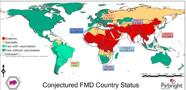 Figure 1 : Répartition mondiale des sérotypes du virus de la fièvre aphteuse  Source : (WRL-FMD 2016) 