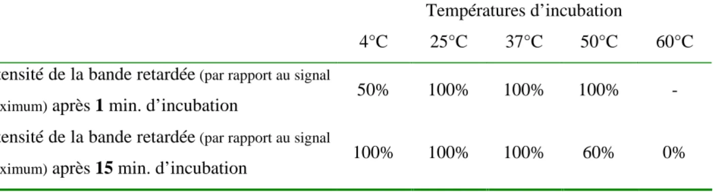 Tableau  3.2. :  Evolution  de  l’intensité  de  la  bande  retardée  principale  en  fonction  de  la  température d’incubation