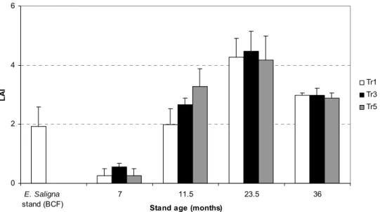 Figure 13  Time course of leaf area index (LAI) before clear felling and after planting in 