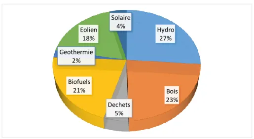 Figure 7 : Part des différentes composantes de la production électrique  américaine d’origine renouvelable (2014, en %) 