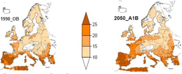 Figure 2 : Nombre de jours secs consécutifs en été (précipitations &lt; 1 mm) Modèle ARPEGE, Météo France