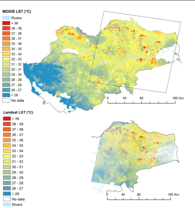 Figure 1. Image MODIS LST (a) comparée à l'image Landsat LST (b). 