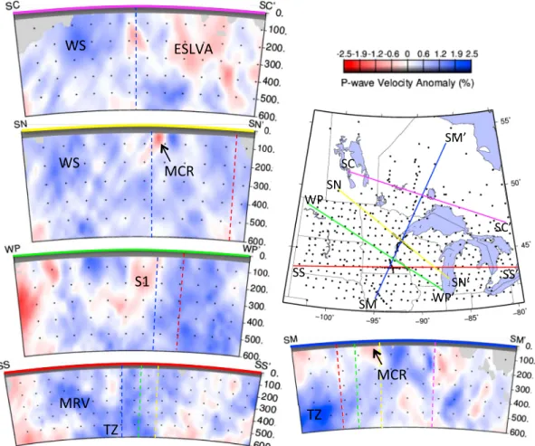 Figure 7. Cross sections through the final model to a depth of 600 km. Dashed lines on the cross sections are