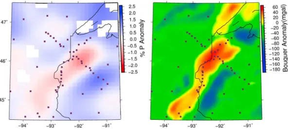 Figure 10. Zoomed in map of the northern Midcontinent Rift velocity anomaly at 50 km (left) and Bouguer gravity
