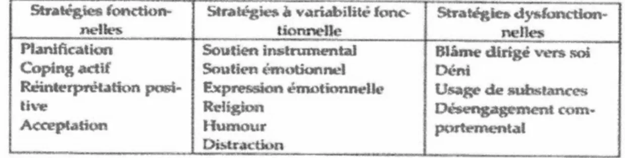 Tableau 2.4 Stratégies d' adaptation au stress selon leur fonctionnement (Montgomery,  Demers et Morin, 2010, p