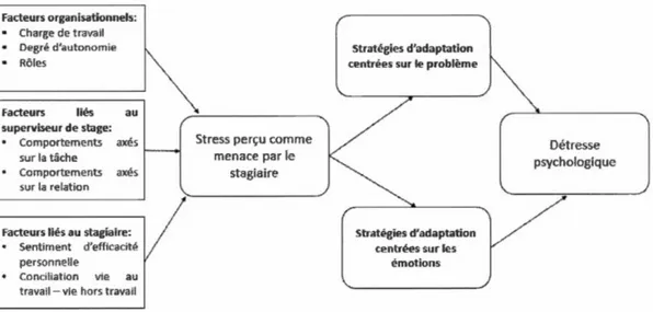 Figure  2.2  Modèle  théorique  et  conceptuel  des  facteurs  de  stress ,  des  stratégies  d ' adaptation et de  la détresse psychologique chez les stagiaires d ' écoles de gestion