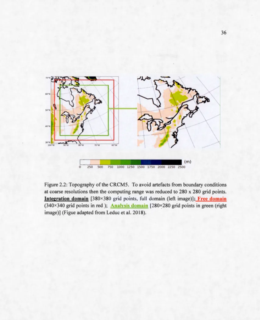 Figure 2.2: Topography of the CRCM5.  To avoid artefacts from  boundary conditions  at coarse resolutions then the computing range was reduced to 280 x 280 grid points