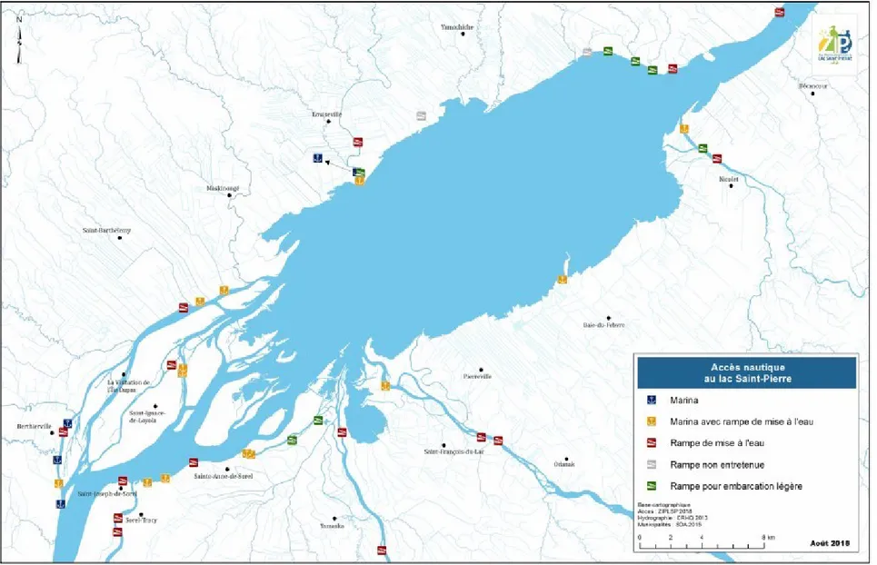 Figure 1.3  Localisation des accès nautique au lac Saint-Pierre et à proximité (Tiré de : Comité ZIP du lac Saint-Pierre, 2018a) 