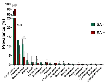 Figure 7 :  Prévalence (%) des 20 genres les plus abondants dans les échantillons SA  + et SA –