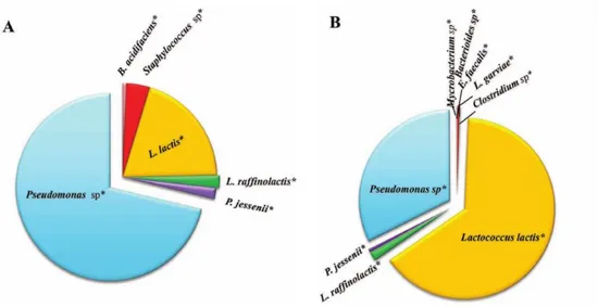 Figure 2 :  Pourcentage des distributions d’OTU dans le lait témoin (A) et le lait de  vaches nourries avec un supplément d’A