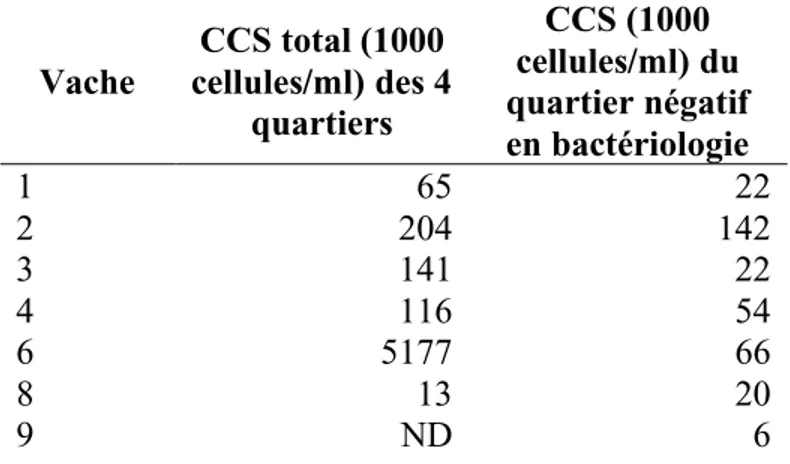 Tableau 1 : CCS des vaches sélectionnées pour l’étude.  