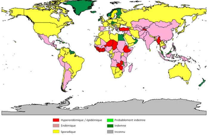 Figure 11 : Répartition de Bacillus anthracis à travers le monde. La représentation a été adaptée à  partir des données obtenues à l’adresse suivante : 