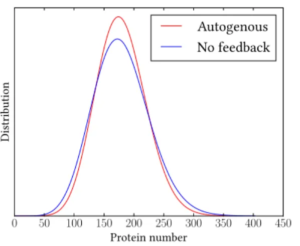 Figure 2.1: Simulations: Protein distribution with and without autogenous regulation with a ixed mean number of proteins of 178.