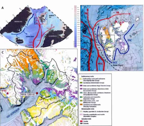 Figure 1.  1  Maps  of the  study  area.  A:  Map  of the  North  Atlantic.  Red  arrows  represent  the  North  Atlantic  drift  with  Irminger  Current  (IC) ,  Norwegian  Atlantic  Current (NwAC) ,  Norwegian Atlantic  Slope  Current (NwASC) ,  North  C