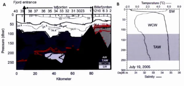 Figure  1.  2  Conductivity,  temperature,  depth  (CTD)  profiles  of  Isfjorden.  A W: 