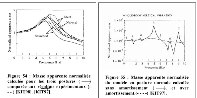 Figure 55 : Masse apparente normalisée  du modèle en posture normale calculée  sans amortissement (  ), et avec  amortissement.(- - - -) [KIT97]