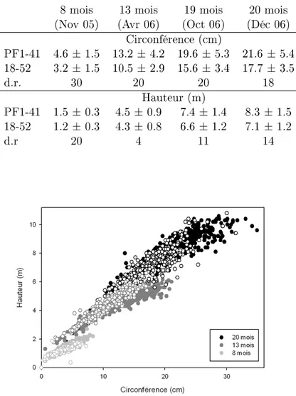 Tab. 4.1  Croissance comparée en hauteur et circonférence des deux clones. d.r. est la dié- dié-rence relative entre PF1-41 et 18-52