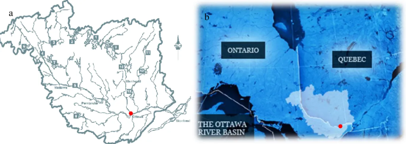 Figure 1.1 Limites  du  bassin  versant  de  la  rivière  des  Outaouais  (a)  et  la  frontière  politique  qui  divisent la région (b)