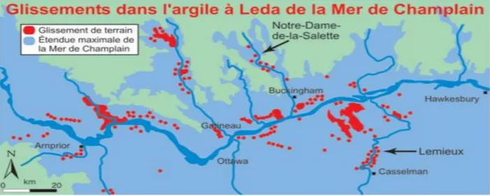 Figure 2.3  Étendue  des  gisements  d’argile  à  Léda  dans  la  vallée  de  la  rivière  des  Outaouais  et  le  risque de glissements de terrain qu’il crée dans la région (tiré de : ABV des 7, 2014) 