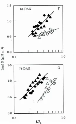Figure 14. Relation entre la  quantité d’azote et le logarithme de  la quantité relative de PAR  absorbée par unité de surface  foliaire à deux dates (64 et 78 jours  après germination) chez le blé  d’hiver cultivé sous deux densités  (165 plantes m -2 : l