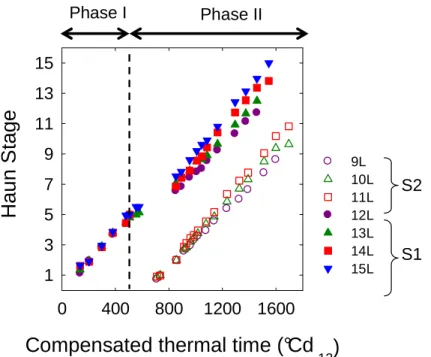 Figure 1. Evolution du Haun Stage (HS) en fonction du temps thermique compensé pour le brin 