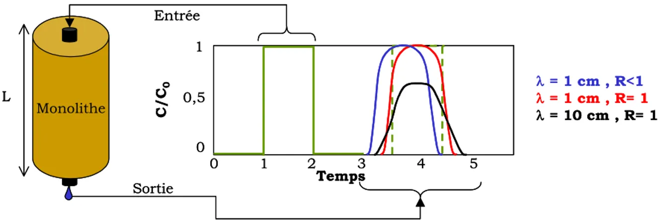 Figure I-1. Effet du facteur de retard et de la dispersivité sur les courbes d’élution