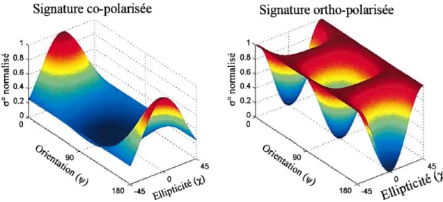 Figure 3.11 : Signatures polarimétriques co-polarisée et ortho-polarisée d’un dipôle orienté d’un angle de 00