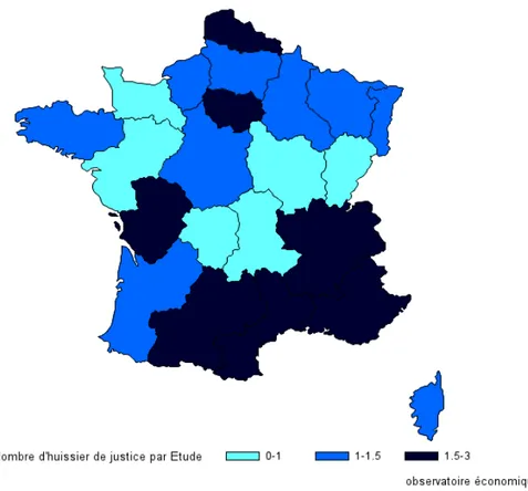 Figure 1.5 : De sit  du  o e d’huissie s de justi e selo  les  gio s. 