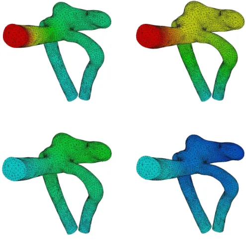 Figure 10: Pressure wave propagation in a cerebral aneurysm, t = 0.001, 0.004, 0.007 and 0.014 s