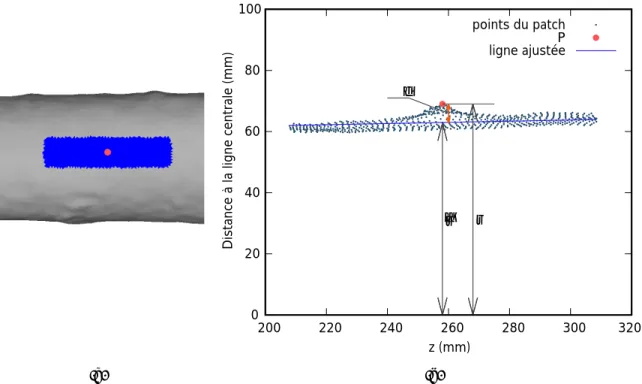 Figure 2.3 Un patch longitudinal du point P (a) et l’ajustement d’une ligne au patch pour calculer la