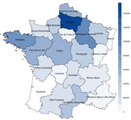 Figure II.6 – Regional cumulative wind capacities (kW) connected to Enedis’ network, mid-2016